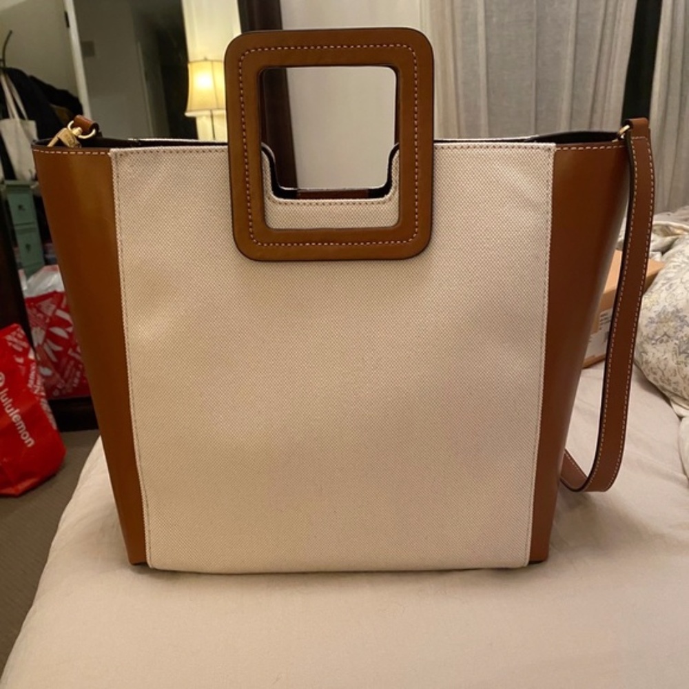 Staud Shirley Canvas Leather Tote Crossbody Bag - Picture 12 of 15